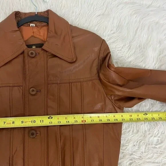 Vintage 70s Pampas Orange/Brown Leather Jacket Size 40 Button Up Mens Duster